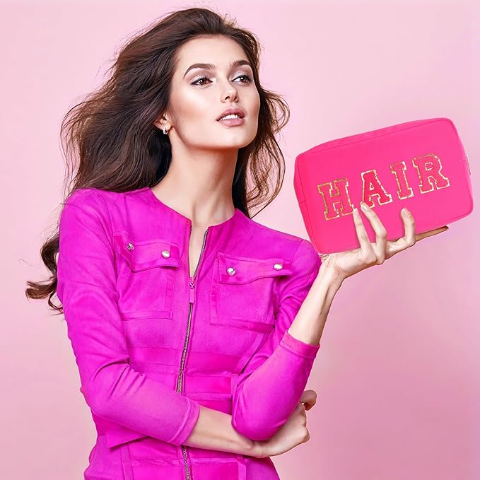 Remerry 4 Pcs Nylon Makeup Bags Waterproof Spacious Travel Cosmetic Bag for Women Chenille Letter Preppy Zipper Pouch Face Stuff Skin Hair Organizer Gift(Fluorescent Colors)
