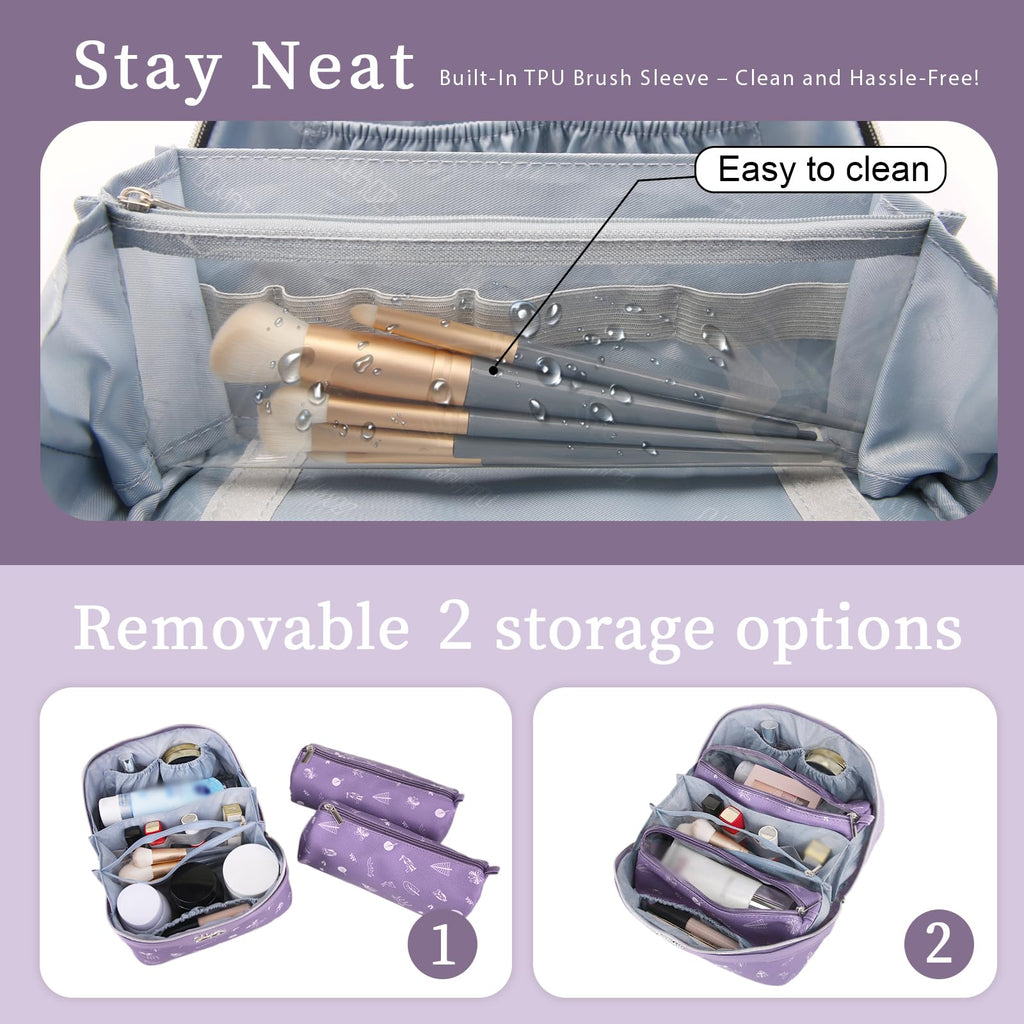 BOYATU Travel Makeup Bag Cosmetic Bags for Women: 3 Pcs Set Portable Make up Bag with Handle - PU Leather Toiletry Bags with Compartments - Makeup Organizer for Travel Essentials(L-3-Purple)