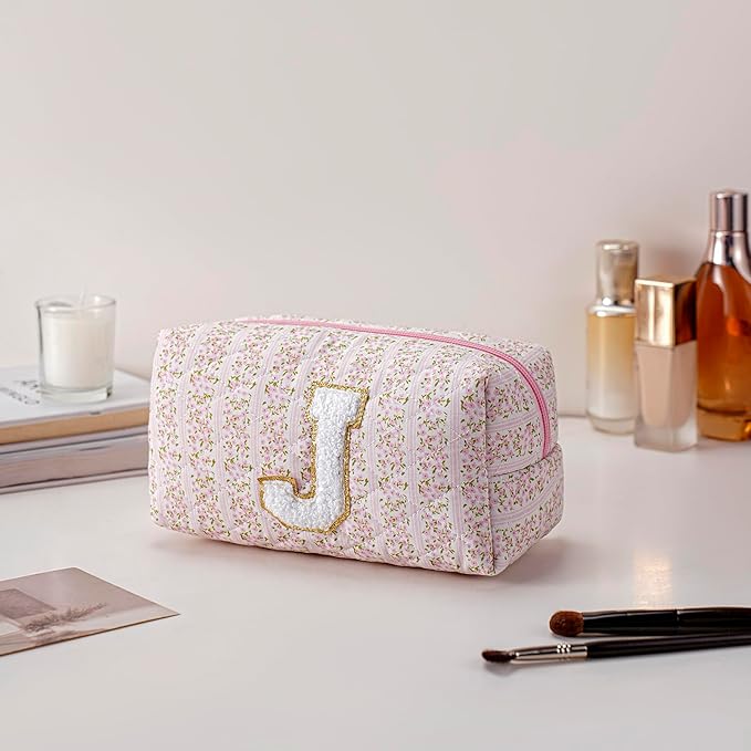 JOVAKIT Makeup Bag Cosmetic Bags for Women, Christmas Gifts for Girls Age 6-18, Alphabet Pink Floral Coquette Zipper Travel Makeup Pouch, Organizer Case Trendy Stuff (Pink Floral J)