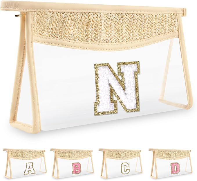 UIXIZQ Personalized Initial Letter Bag Boho Straw Clear Makeup Bag,Small Cute Chenille Varsity Letter Bag With Zipper,Beach Travel Toiletry Bag,Portable Monogrammed Cosmetic Bag for Women Girls,N