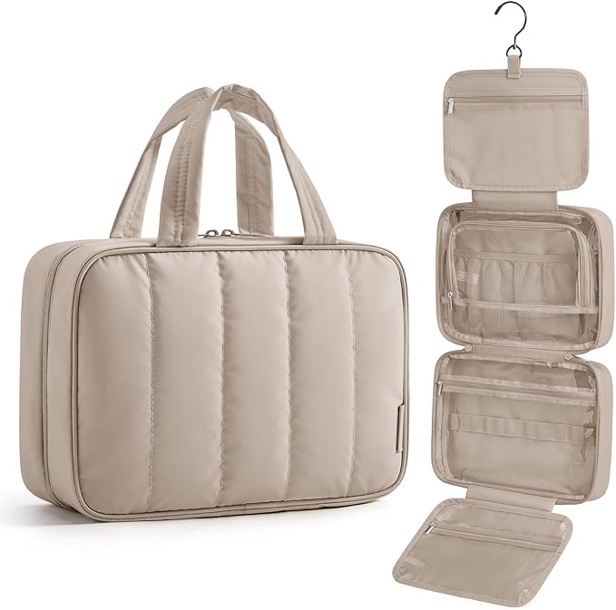 BAGSMART Travel Toiletry Bag for women, Portable Hanging Hook Makeup Bag Organizer, Waterproof Makeup Cosmetic Bag, for Full-Size Accessories, Toiletries, Camel