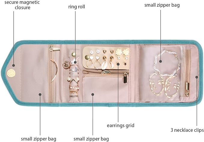 BAGSMART Travel Jewelry Organizer Case Foldable Jewelry Roll,Mini,Teal