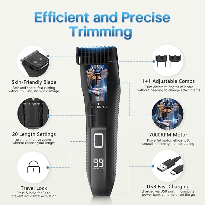 Beatslm Beard Trimmer for Men, 20 Length Adjustable, Cordless Hair Clippers