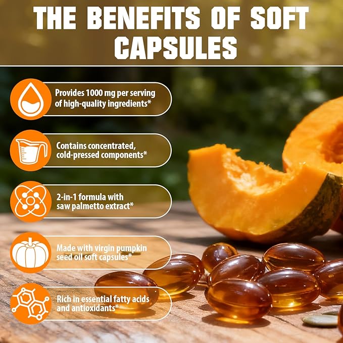 SXOSXO Pumpkin Seed Oil Capsules, 2-in-1 Formula with Saw Palmetto, Cold Pressed Virgin Oil for Hair Growth & Prostate Health, Rich in Essential Fatty Acids & Phytosterols, Non-GMO, 100 Softgels