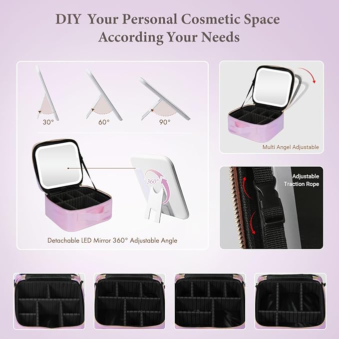 Behaesty Travel Makeup Bag with LED Lighted Mirror, Cosmetic Makeup Organizer Bag with 3 Color Setting, Makeup Train Case with Adjustable Dividers for Women Makeup Brushes Jewelry Accessories