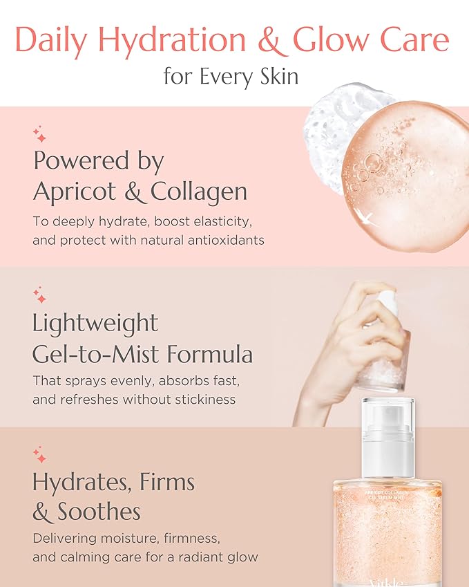 Vitkle Apricot Collagen Gel Serum Mist - Korean Face Moisturizer French Patented with 8-Layer Hyaluronic Acid, Bakuchiol, Adenosine for Hydration Glow Firming Anti-Aging Spray, 6.76 fl.oz.
