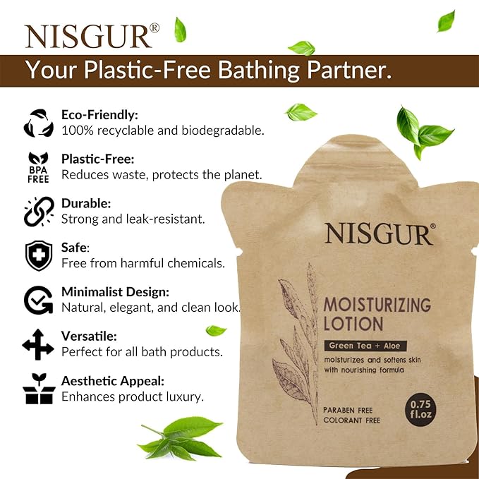 NISGUR Travel Size Body Wash Bulk 0.75 oz 200 Pack Eco Hotel Bath Gel Kraft Paper Pouch Travel Shower Gel Aloe and Green Tea Extract Infused Hotel Supplies and Toiletries for Guest