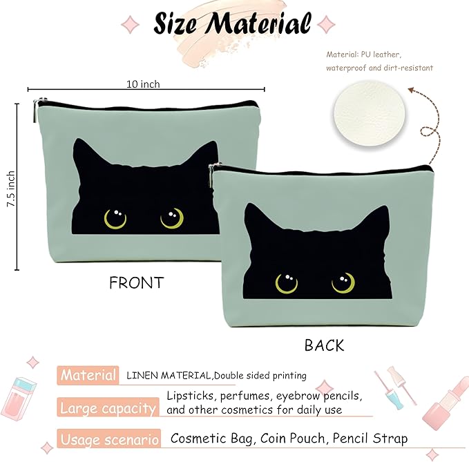NEGIGA Black Cat Makeup Bag – Cute Cosmetic Pouch Travel Toiletry Bag, Zipper Organizer for Women Girls, Multifunction Cat Lover Gift Purse (Greener Pu Leather)