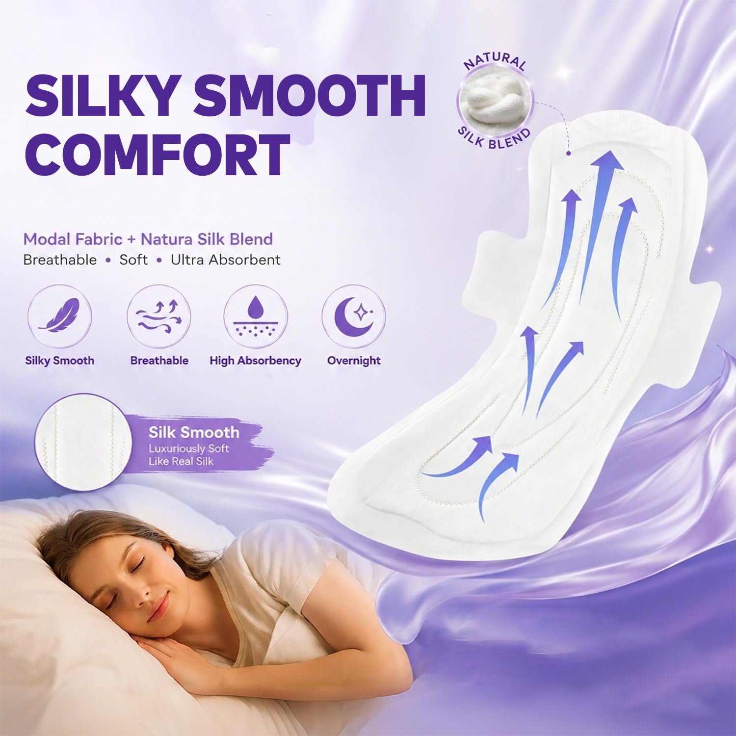 MODAL Extra Heavy XL Overnight Pads, Real Mulberry Silk,16.5 Inch, 16 ct