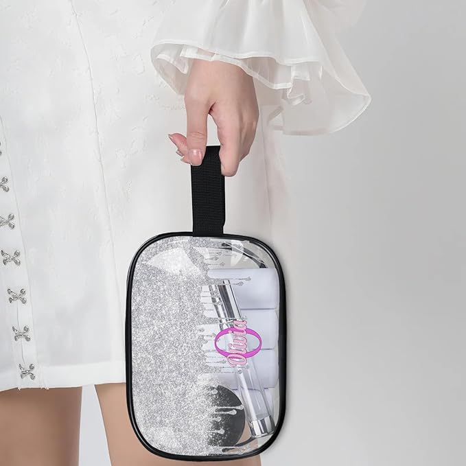 KFNHN Personalized Name Toiletry Bag, Transparent PVC Large Travel Cosmetic Bag Portable Makeup Organizer Bag for Women Bathroom Shower Essentials, Silver Curtain Glittering