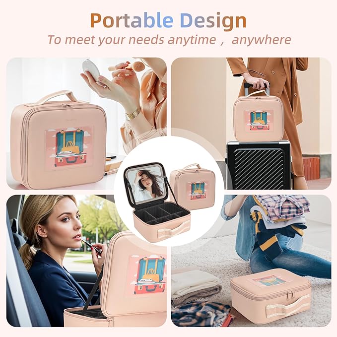 Yaliang Travel Makeup Bag, Portable Makeup Case with LED Mirror, Removable Mirror with 3 Color Modes, 8 Adjustable EVA Dividers for Brushes Toiletry Jewelry Digital Accessories, Hot Pink