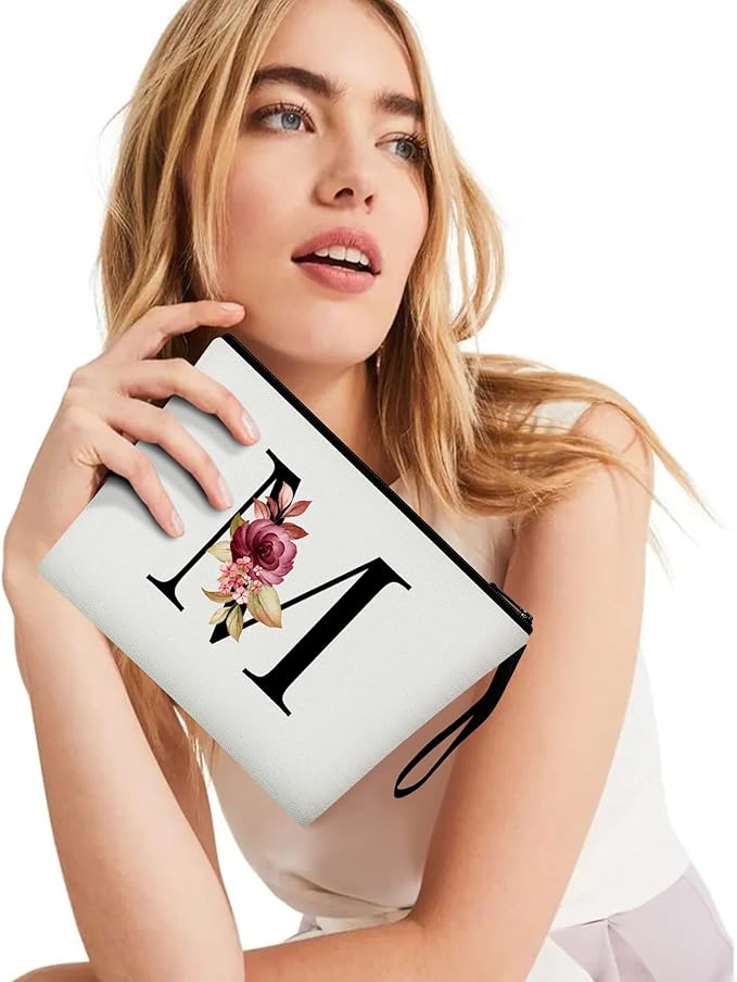 Vavabox A-Z Personalized Makeup Bag, Birthday Gifts for Women Mom, Gifts for Best Friend, Bride Bridesmaid Cosmetic bag (M, 01-White)