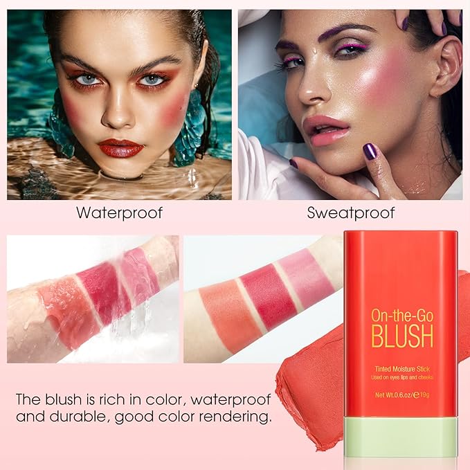 BEFIVECOK Blush Stick for Cheeks - Cream Makeup Blush Wand, Solid Moisturizer Stick for Cheeks Tint, Natural Blendable Waterproof Korean Matte Long-Lasting Smooth Blushes (#03 Coral Orange)