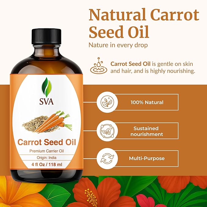 SVA Carrot Seed Oil - 4 Fl Oz - for Face, Skin Care, Hair Care, Scalp Massage & Body Massage – Carrier Oil with Dropper
