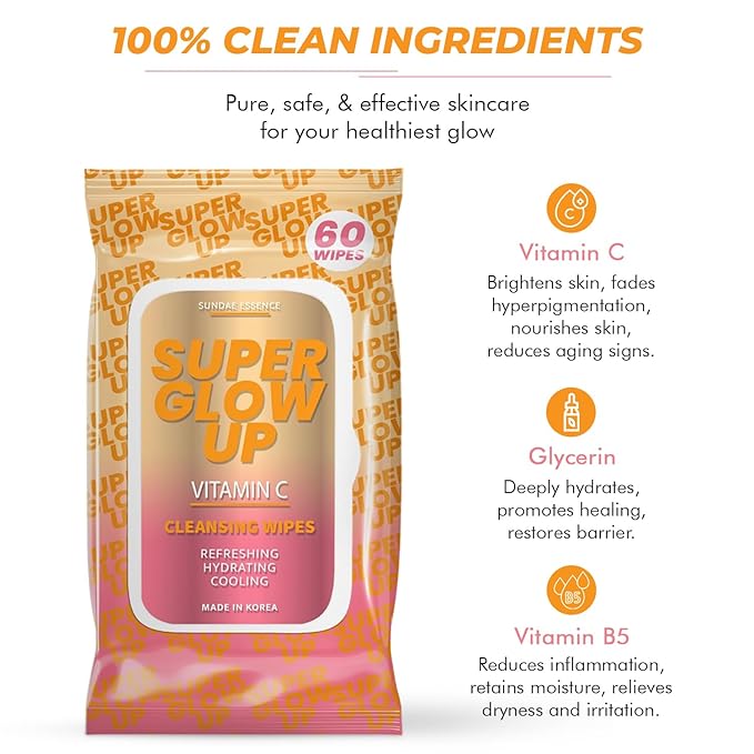 Sunday Essence, Vitamin C Facial Wipes - Dermatologist-Tested, Anti-Aging, Korean Skin Care, Hydrating & Brightening Face Wipes for Cleansing & Refreshing- Clean Formula, Vegan, 95% Natural- 1 Pack