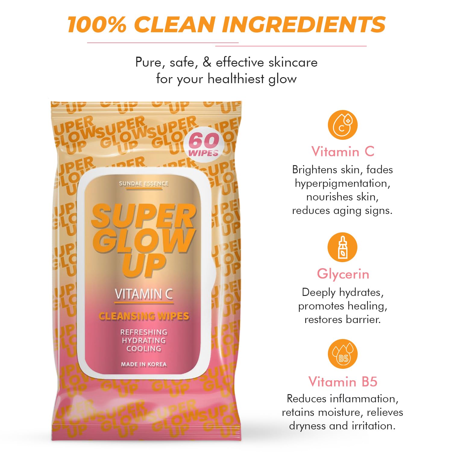Sunday Essence, Vitamin C Facial Wipes - Dermatologist-Tested, Anti-Aging, Korean Skin Care, Hydrating & Brightening Face Wipes for Cleansing & Refreshing- Clean Formula, Vegan, 95% Natural- 1 Pack