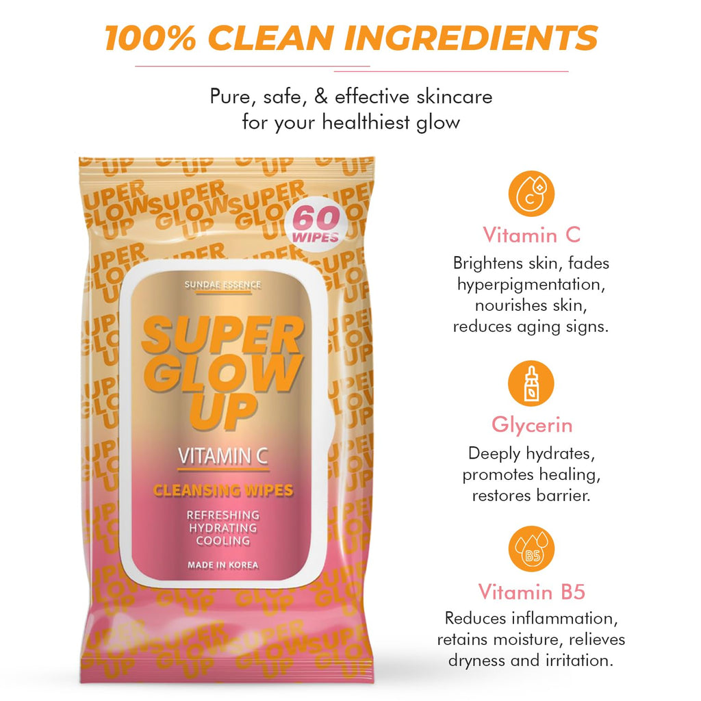 Sunday Essence, Vitamin C Facial Wipes - Dermatologist-Tested, Anti-Aging, Korean Skin Care, Hydrating & Brightening Face Wipes for Cleansing & Refreshing- Clean Formula, Vegan, 95% Natural- 1 Pack