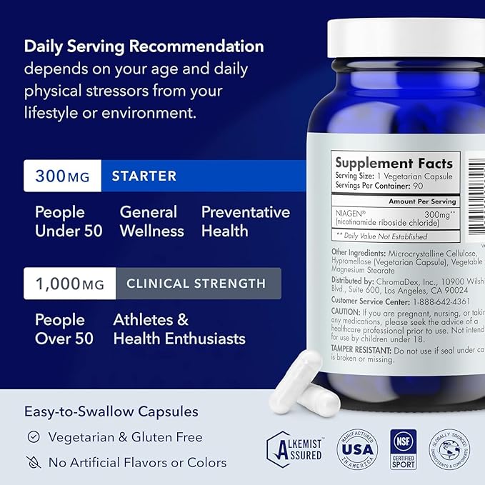 TRU NIAGEN Patented NAD+ Supplement, 300mg Niagen, 90 Servings | Nicotinamide Riboside (NR) Take 1 Daily | 1 Bottle