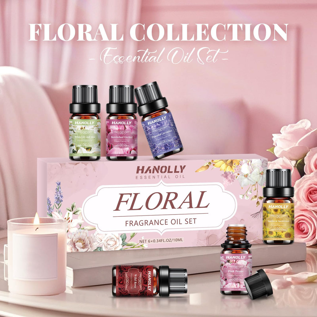 Floral Essential Oils Set - 6 Premium Fragrance Oil for Diffusers, Candle Making, Humidifier - Pink Peony, Wild Rose, Lavender, Sunflower Sandalwood, Bewitched Orchid, White Lily Aromatherapy Oil