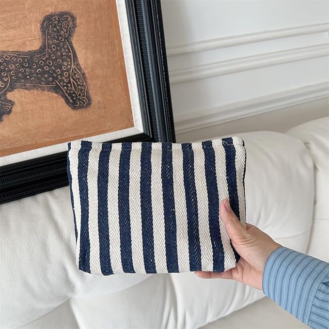 Flat Makeup Bag for Women,Zipper Cosmetic Pouch for Purse,Stripe Navy Blue