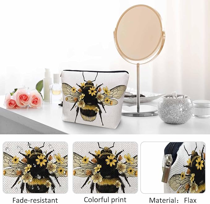 Kalygon Women Makeup Organizer Bag Bumblebee Bumblebee Honey Bee Sunflowers Yellow Flax Cosmetic Bag Makeup Bags Toiletry Bag Accessories Organizer Travel Bags For Home Bathroom Office Hotel Gym