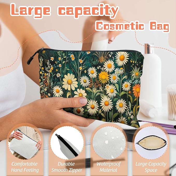 Scribesense Cosmetic Bags Travel Makeup Toilet Case Waterproof Pouch for Women Girls 6.7X9.45inches - White Daisies And Yellow Marigolds in Wild