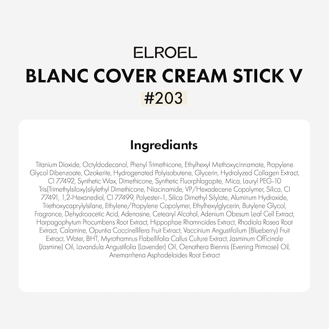 ELROEL Blanc Cover Cream Stick V White - Korean Color-Changing Foundation Stick with Volufiline - Medium to Full Coverage Dewy Finish Base Makeup - Dual-Ended with Detachable Brush (203 Medium)