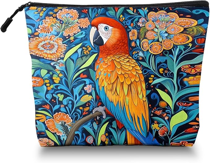 Scribesense Cosmetic Bags Travel Makeup Toilet Case Waterproof Pouch for Women Girls 6.7X9.45inches - Colorful Macaw Stands on Branch