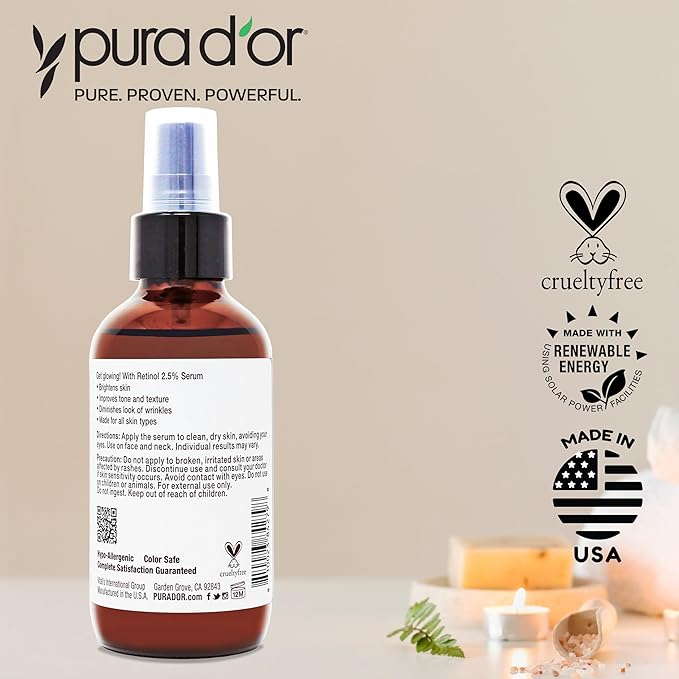 PURA D'OR Retinol Serum Facial Skincare – 3.3 oz Overnight Treatment w/Aloe, Botanical Extracts, Lightweight Fast-Absorbing Hydration for Smoother-Looking Texture, Tone, Radiance, Ayurvedic Skin Care