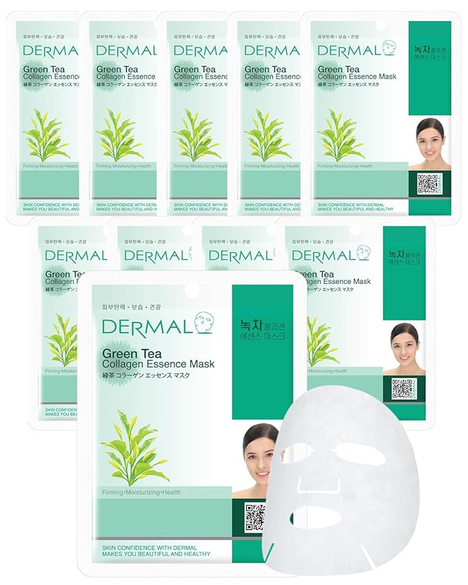 DERMAL Green Tea Collagen Soothing Sheet Mask, Fresh Hydration, 10 Pack