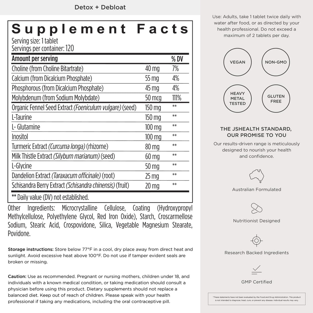 JSHealth Detox + Debloat. Bloating Relief for Women with Milk Thistle, Turmeric, and Fennel. Liver Health and Gut Support. Nutritionist-Formulated (120 Tablets)
