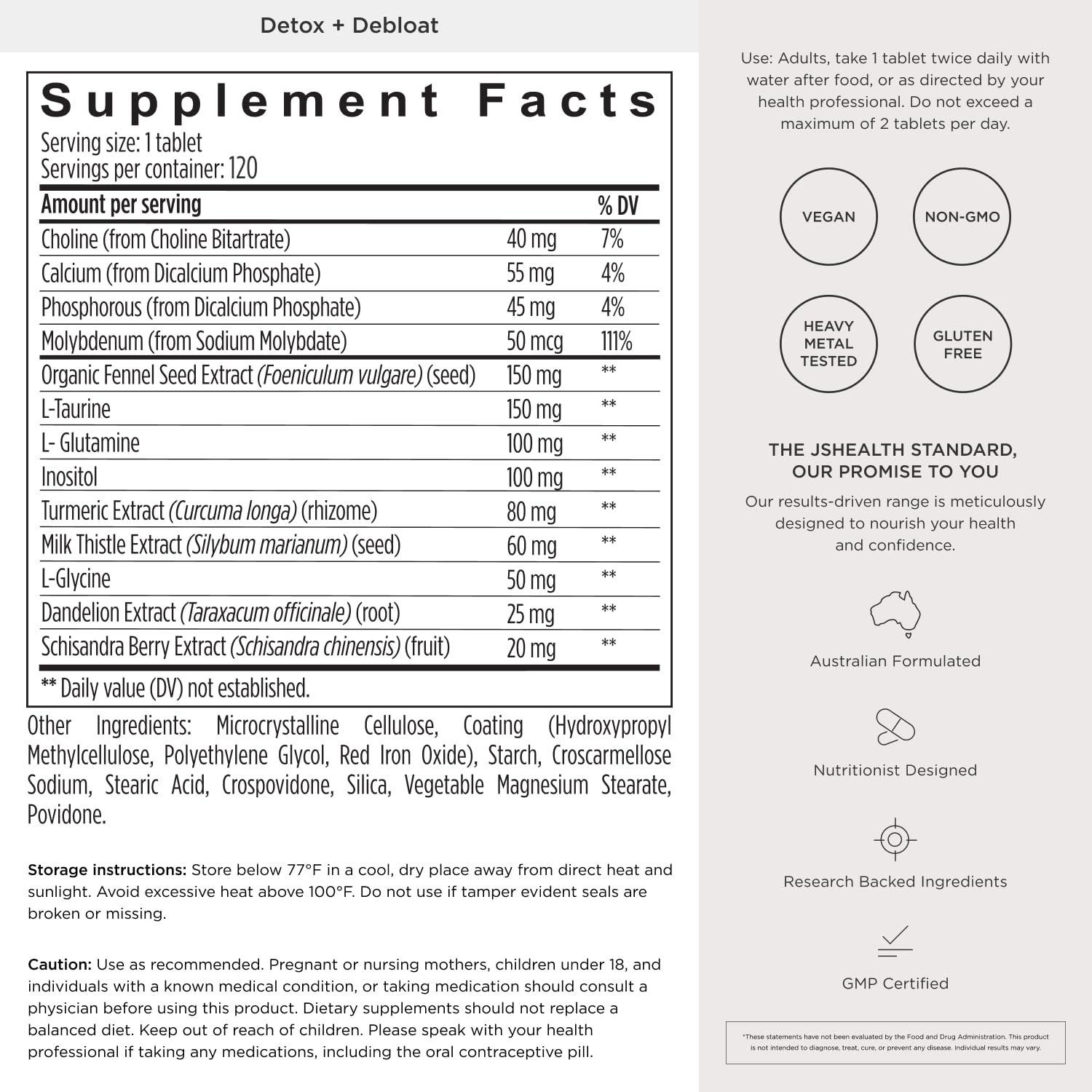 JSHealth Detox + Debloat. Bloating Relief for Women with Milk Thistle, Turmeric, and Fennel. Liver Health and Gut Support. Nutritionist-Formulated (120 Tablets)