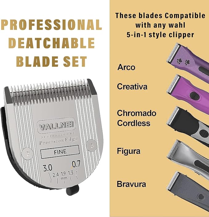VALLNEI [3 Pack] 5-in-1 Professional Animal Clipper Blades for Wahl Arco, Bravura, Chromado, Creativa, Figura, Motion & SuperGroom, Detachable Adjustable Dog Cat Pet Grooming (Silver)