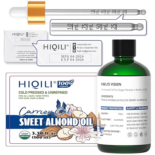 HIQILI Organic Sweet Almond Oil Cold Pressed for Skin, Hair & Skin Care