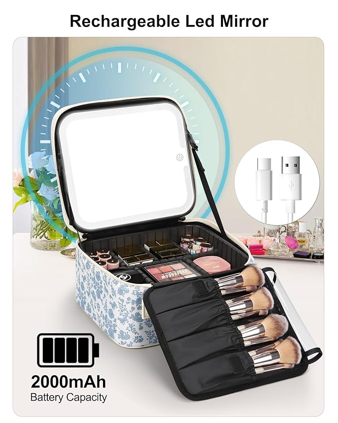 Relavel Travel Makeup Bag with LED Mirror, Floral Train Case with Dividers