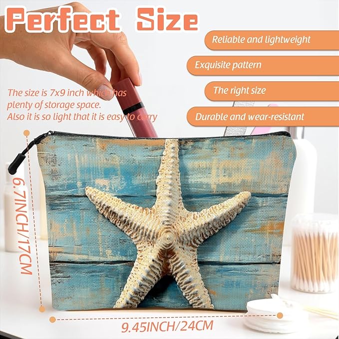 Scribesense Cosmetic Bags Travel Makeup Toilet Case Waterproof Pouch for Women Girls 6.7X9.45inches - Starfish on A Weathered Blue Wooden Board