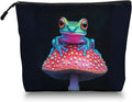 Scribesense Cosmetic Bags Travel Makeup Toilet Case Waterproof Pouch for Women Girls 6.7X9.45inches - Colorful Frog on A Red Mushroom