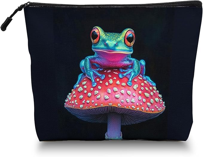 Scribesense Cosmetic Bags Travel Makeup Toilet Case Waterproof Pouch for Women Girls 6.7X9.45inches - Colorful Frog on A Red Mushroom