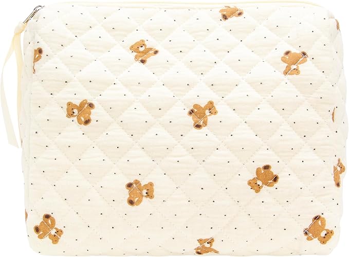 Quilted Makeup Pouch for Women, Travel Cosmetic&Toiletry Bag,Gauze Bear