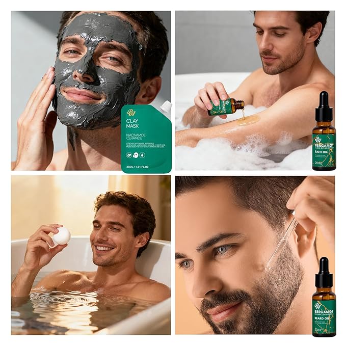 Men Bergamot Facial Skin Care Set, Fathers Day Gift, 21 Pcs Beard Grooming Kit, Bath and Body Gift Basket Set, Cleanser, Beard Oil, Serum, Face Cream, Birthday, Christmas, Husband, Dad, Boyfriend