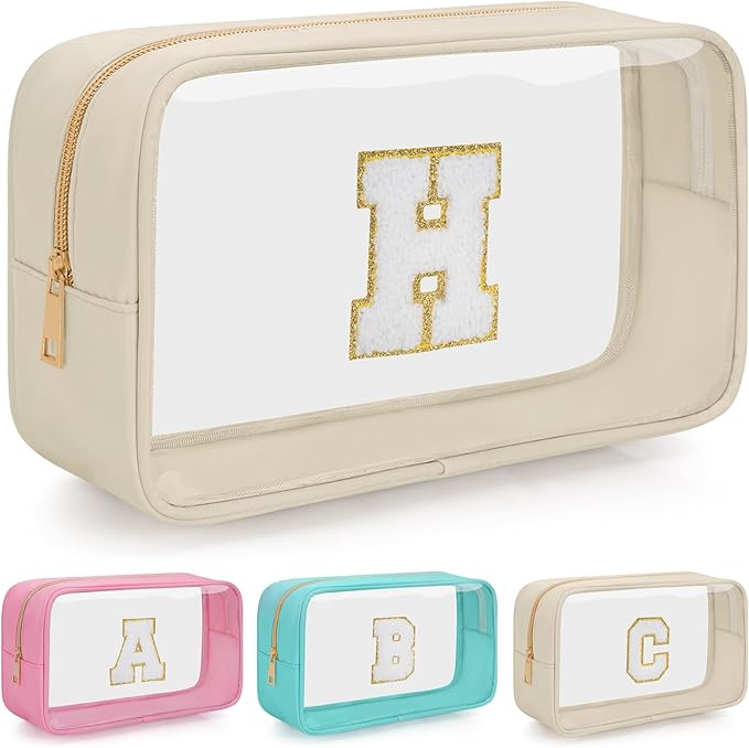 Personalized Initial Clear Makeup Bag, Travel Chenille Patch Cosmetic Bag, Preppy Toiletry Bag Monogram Cosmetic Pouch with Zipper, Ideal Gift for Teen Girls Women (Clear-Beige, H)