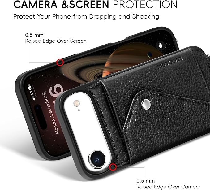 LUCKYCOIN Crossbody Phone Case for iPhone Air,100% Genuine Leather Phone Wallet Case for Women,Fashion Premium Hands-Free Phone Purse with Expandable Flip Card Holder & Adjustable Strap - Pebble Black