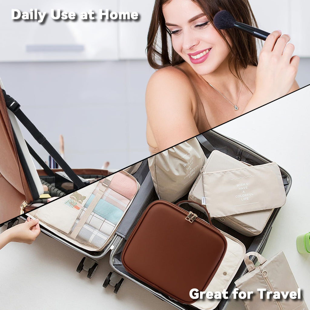 SLUMAZI Travel Makeup Bag with LED Mirror and 10x magnifying glass with 3 Lighted Settings, Adjustable Dividers and Makeup Brush Storage Bag Dark Brown