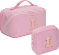 2026 Graduation Gifts - Travel Makeup Bag for Women, 2Pcs Portable Personalized Initial Makeup Organizer Bag, Open Flat Large Cosmetic Bag With Travel Essential Pouch (Pink Letter L)