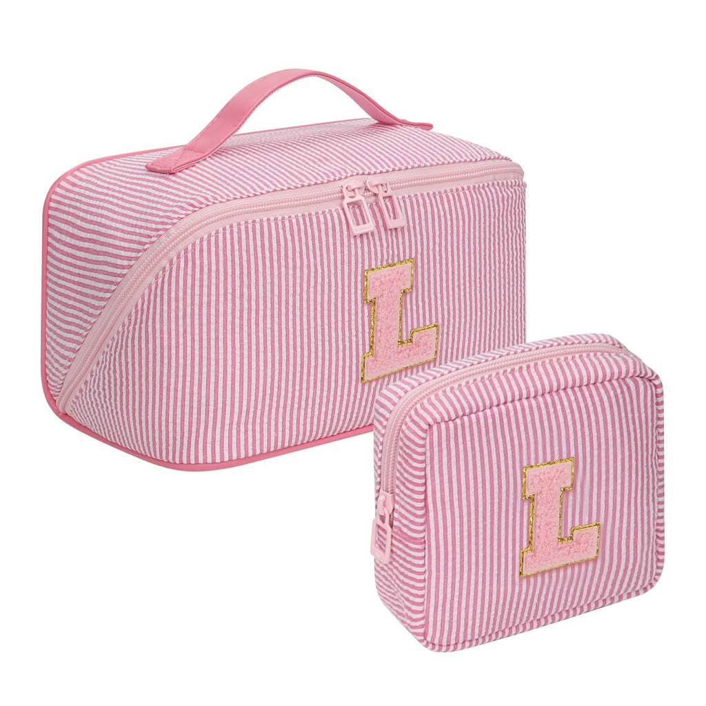 2026 Graduation Gifts - Travel Makeup Bag for Women, 2Pcs Portable Personalized Initial Makeup Organizer Bag, Open Flat Large Cosmetic Bag With Travel Essential Pouch (Pink Letter L)