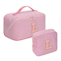2026 Graduation Gifts - Travel Makeup Bag for Women, 2Pcs Portable Personalized Initial Makeup Organizer Bag, Open Flat Large Cosmetic Bag With Travel Essential Pouch (Pink Letter L)