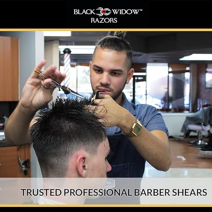 Black Widow Dos Manos Hair Thinning Shears, 6 Inch Ambidextrous Barber Blending & Texturizing Scissors, Japanese Stainless Steel, Adjustable Tension Screw