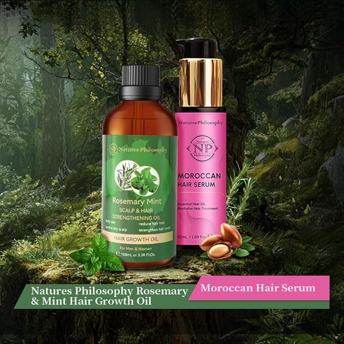 NP NATURES PHILOSOPHY Moroccan Argan Oil & Rosemary Hair Growth Oil Set, Hair Serum, Anti-Frizz, Anti-Hair Loss, Adds Shine, Quickly Absorbed & Non-Greasy, Aussie Hair Products for Men & Women