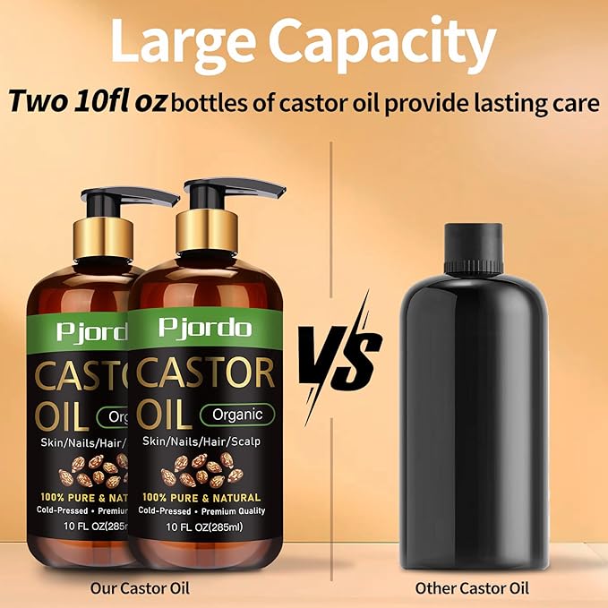 Pjordo 2 Pack 100% Pure & Natural Castor Oil, Cold Pressed Organic Castor Oil for Hair Growth, Eyelashes, Skin, Nails & Scalp, Daily Moisturizing & Nourishing for All Skin Types