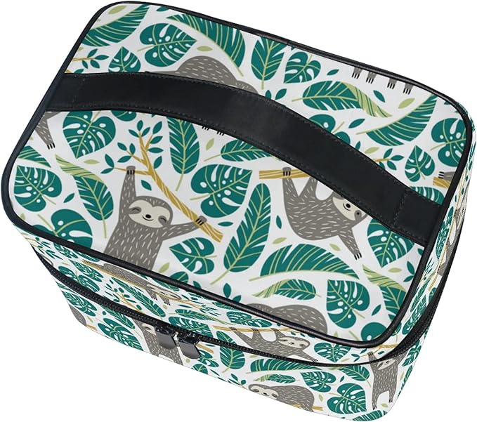 MNSRUU Makeup Bag, Cute Sloths And Tropical Palm Leaves Travel Makeup Organizer Bag Cosmetic Cases Toiletry Bags for Girl Women Ladies